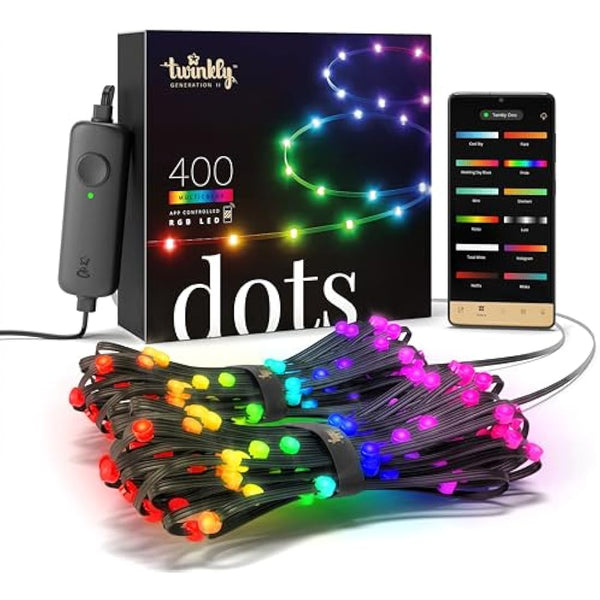 Twinkly Dots 20m, Flexible RGB LED Strip, in- and Outdoor, Compatible with Alexa and Google Home, IP44, 16 M+ Colors, App Control, Black Wire, 400 LED Lights
