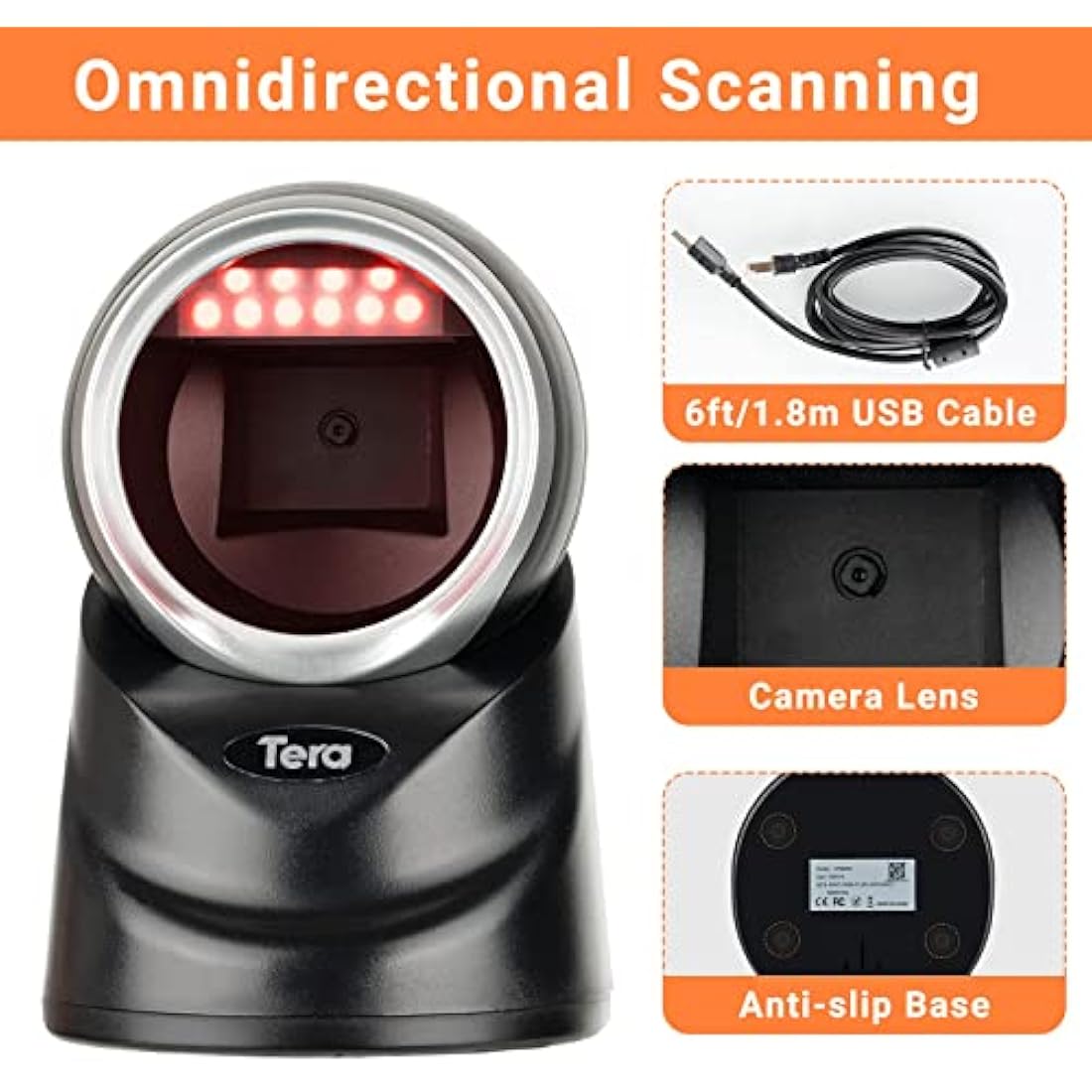 Tera Pro 2D QR Desktop Barcode Scanner Omnidirectional Adjustable Scan Head, USB Wired Handsfree Platform Automatic Bar Code Reader for Market Retail Store Phone Screen Payment, 9100