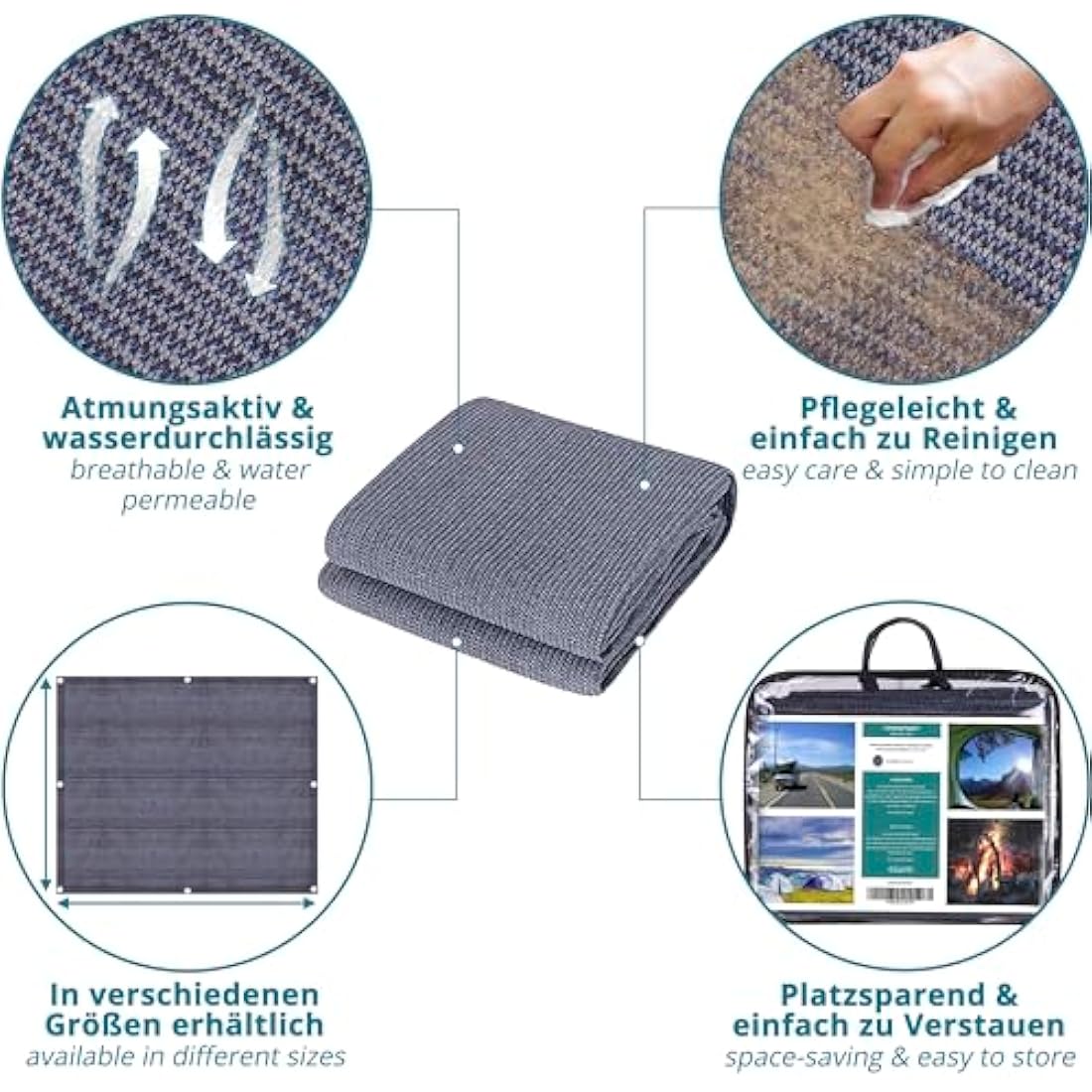 valuents Awning Carpet – Blue/Grey – Various Sizes – Camping Rug Outdoor – Tent Carpet Caravan / Motorhome with Carry Bag + Plus: Washing Line & 8 T-Pegs