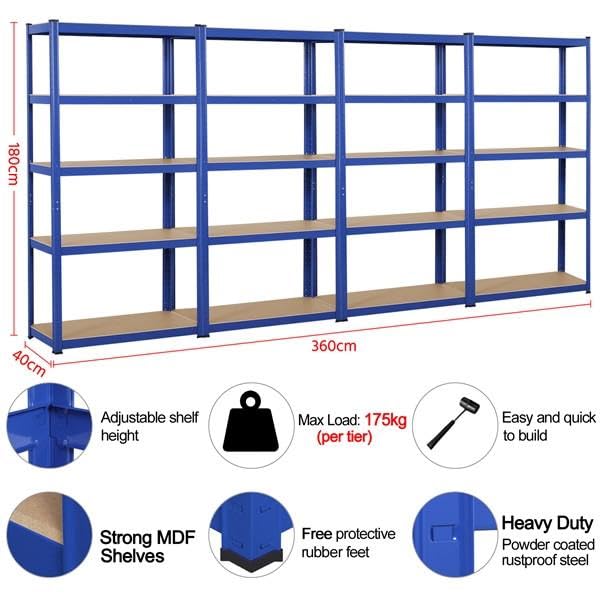 Yaheetech Garage Shelving Units - 5 Tier Heavy Duty Rack for Storage Metal Utility Shelves,180cm x 90cm x 40cm,175KG Per Shelf,Blue
