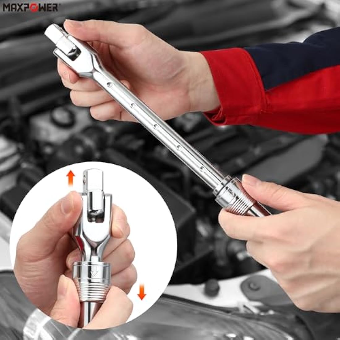 MAXPOWER Breaker Bar Telescopic, 1/2-Inch Drive Breaker Bar Extendable Flex Handle, Length Adjustment 430mm-570mm