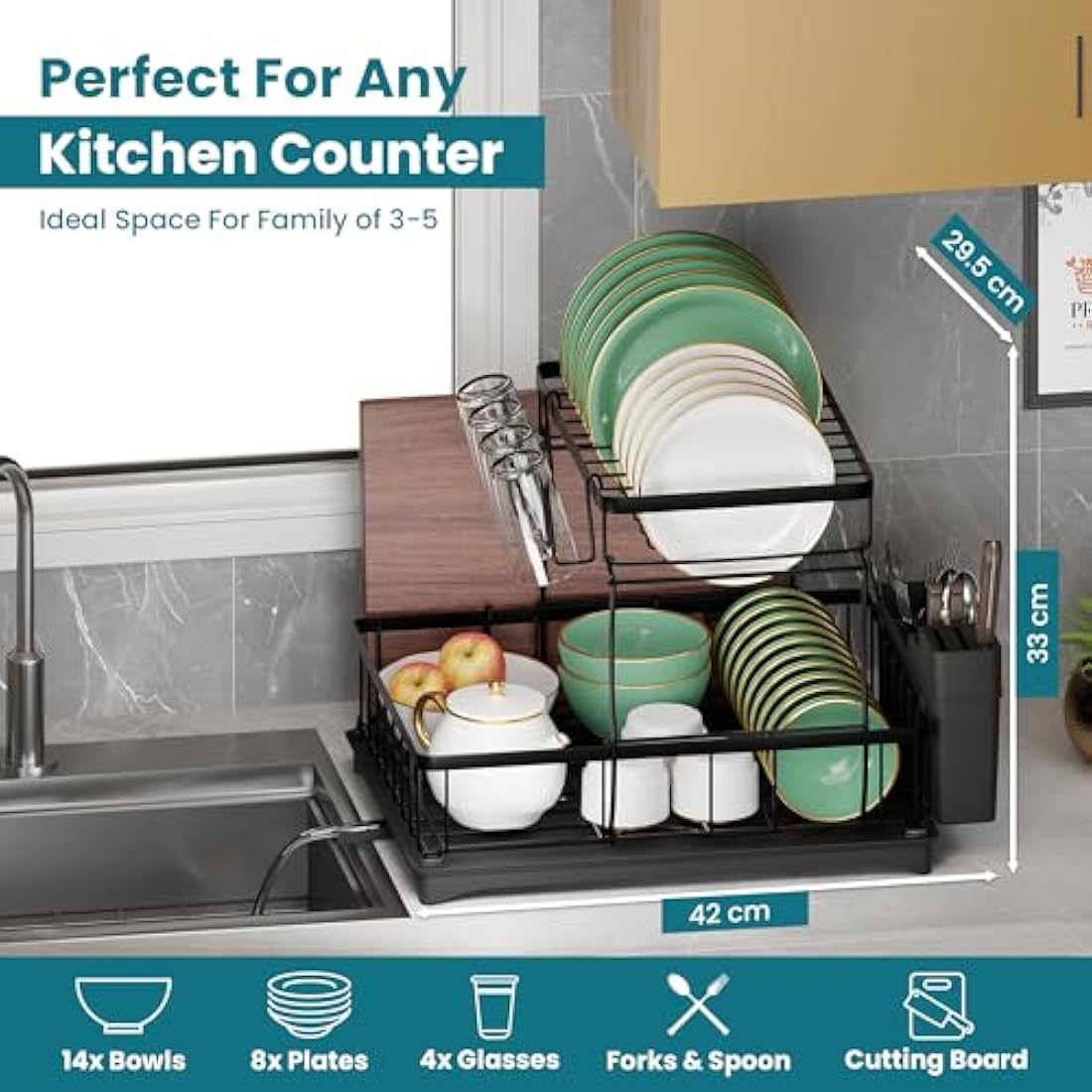 PRIME FEEL 2 Tier Dish Drainer Rack, Rustproof Dish Drying Rack for Kitchen Countertop, Draining Board Rack with Drip Tray, Cutlery Drainer, Glass Holder & Chopping Board Rack, (Black)