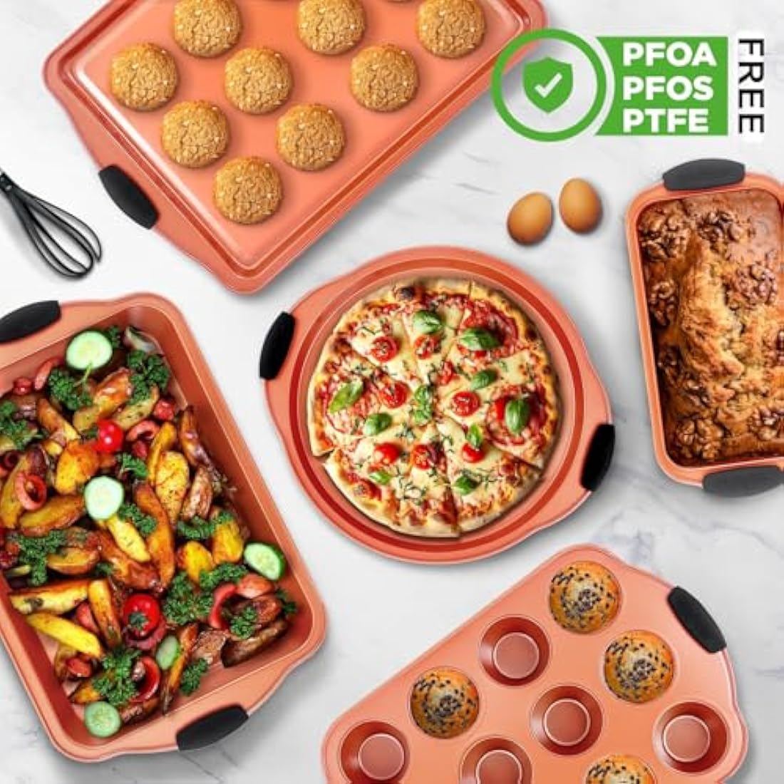 NutriChef 10-Piece Non-Stick Baking Pans Set - Premium Nonstick Carbon Steel Oven Bakeware - Includes Cookie Sheets, Muffin & Cake Pans, Pizza Crisper, Roasting Pans, w/Silicone Handles - Copper