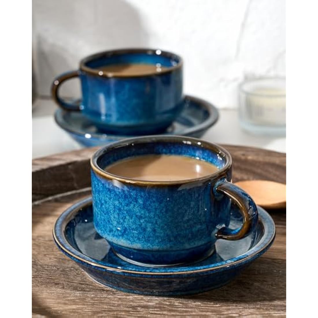 HOME DECOR Cappuccino Cups Set - Reactive Glaze Process - 6 x 140 ml Coffee Cups with Saucer & Stand - Elegant Ceramic Cups for Espresso, Cappuccino and Latte - Reactive Glaze Blue
