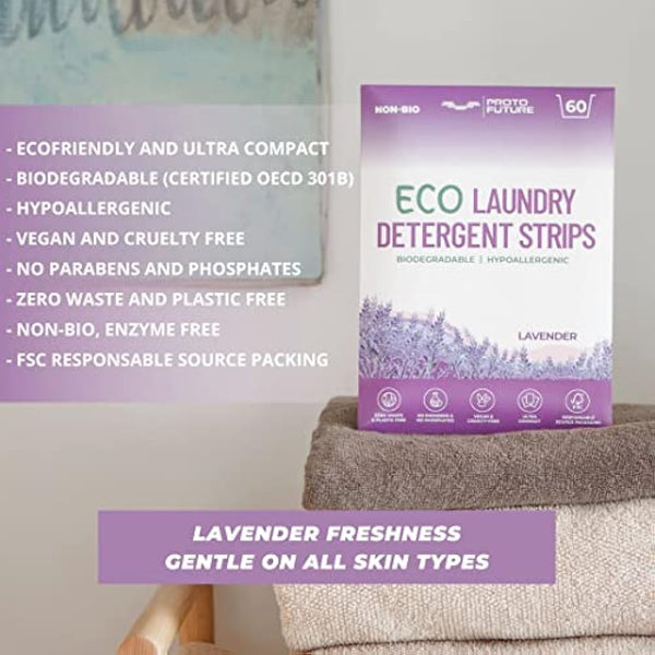 Proto Future Eco-Friendly Laundry Detergent Sheets - Biodegradable, Hypoallergenic, Zero Waste, Plastic-Free Eco-Strips - No Enzymes, Plant-Based Formula (60 washes, Lavender)