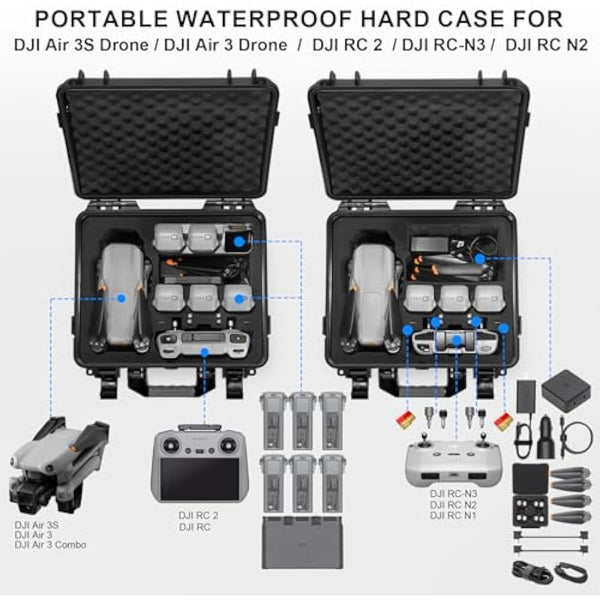 LEKUFEE Waterproof Hard Carrying Case Compatible with DJI Air 3S/DJI Air 3 Drone/Fly More Combo/DJI RC 2/DJI RC N3/DJI RC N2 Remote Controller and Accessories(Case Only)