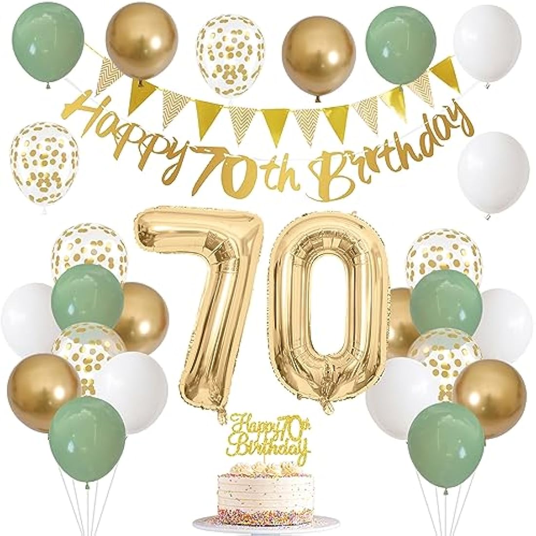70th Birthday Decorations for Men Women - Sage Green White Gold Balloons with Happy Birthday Banner, Cake Decoration, Number 70 Balloon for Year Old Party Decor