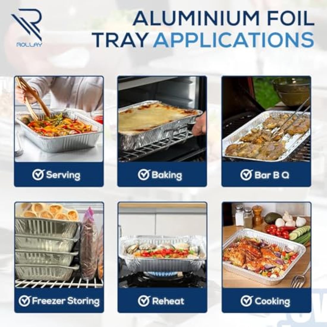 Rollay Large Aluminium Foil Trays Deep (32x26x7 cm) - Tin Foil Trays Containers for Cooking, Baking, Broiling, Roasting, BBQ, and Party (3500ml) (30 Trays)