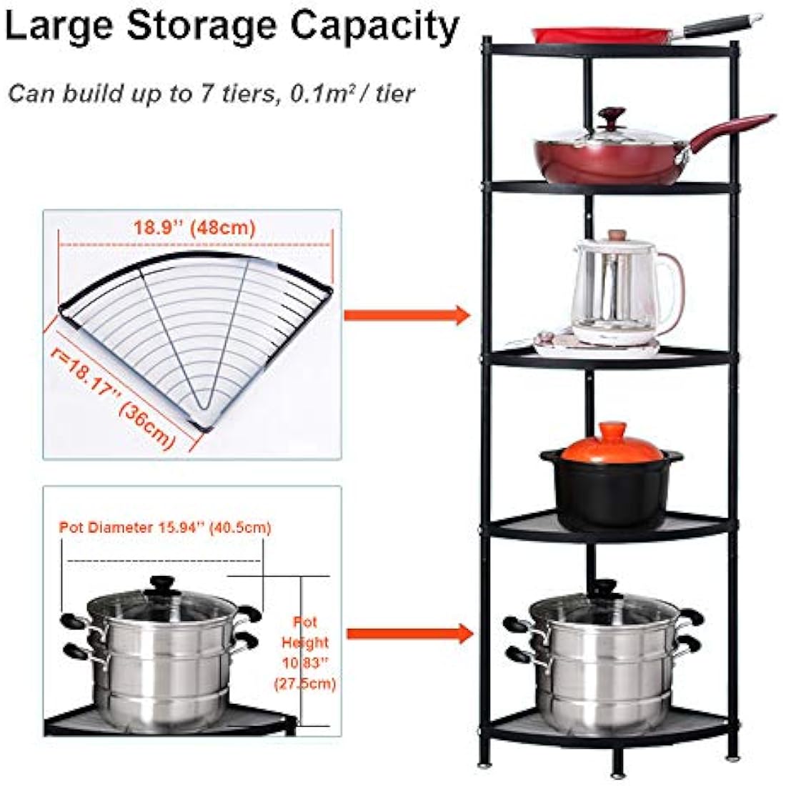 CarolynDesign Kitchen Corner Shelf Stand - Height Adjustable Storage Rack, Countertop Pot Holder, Stackable Multi-Layer Freestanding Metal Storage, Black (5-Tier)