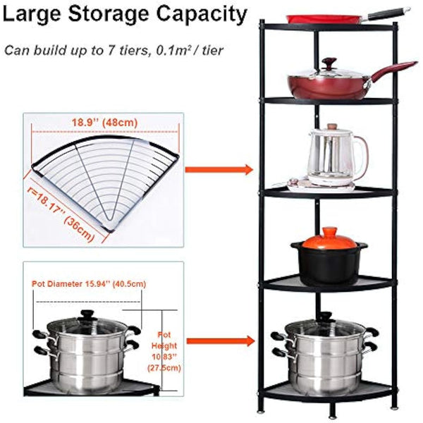 CarolynDesign Kitchen Corner Shelf Stand - Height Adjustable Storage Rack, Countertop Pot Holder, Stackable Multi-Layer Freestanding Metal Storage, Black (5-Tier)