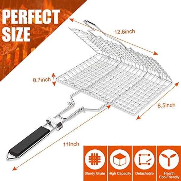 Pecco BBQ Grilling Basket, Foldable Stainless Steel Barbecue Grill Basket for Fish Vegetables Shrimp with Removable Handle, Basting Brush and Storage Bag 32x22cm