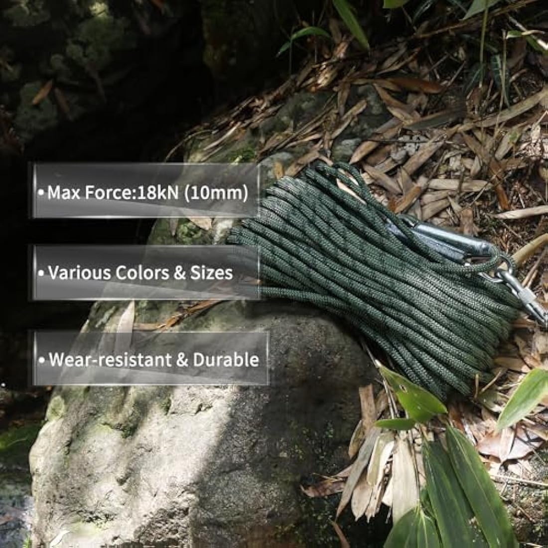 NewDoar 18KN Static Climbing Rope 10mm Accessory Cord Equipment 33FT(10M) 66FT(20M) 98FT(30M) 165FT(50M) Escape Rope with 2 Carabiners for Ice Climbing Fire Rescue Rope Safety Rope