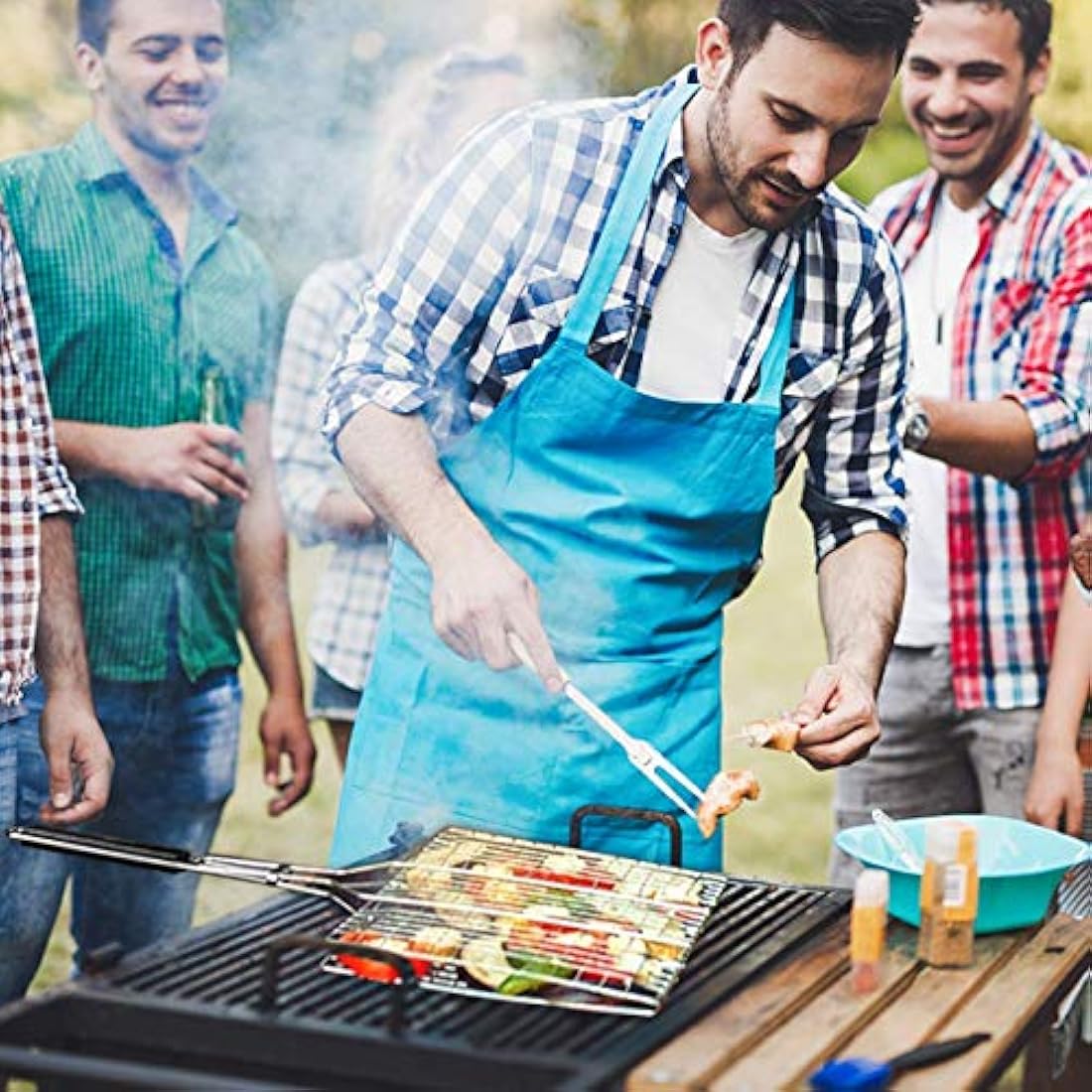 Pecco BBQ Grilling Basket, Foldable Stainless Steel Barbecue Grill Basket for Fish Vegetables Shrimp with Removable Handle, Basting Brush and Storage Bag 32x22cm