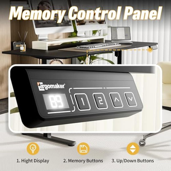 ERGOMAKER Electric Standing Desk 140x60cm (55.1"x23.6"), Height Adjustable Standing Desk with Splice Board, Stand Up Desk with Backpack Hook and Memory Smart Handset(Black Frame + Black Desktop)