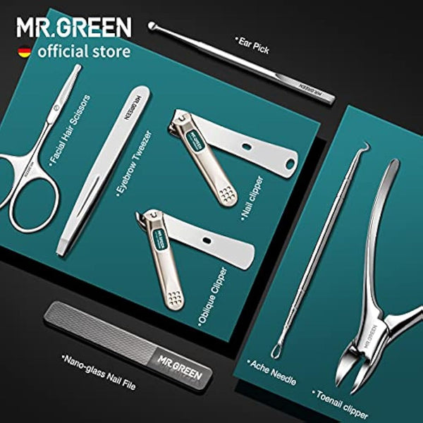 MR.GREEN Manicure Sets Pedicure Kits Stainless Steel Nail Clipper Set Personal Care Tools with PU Leather Case (Green)