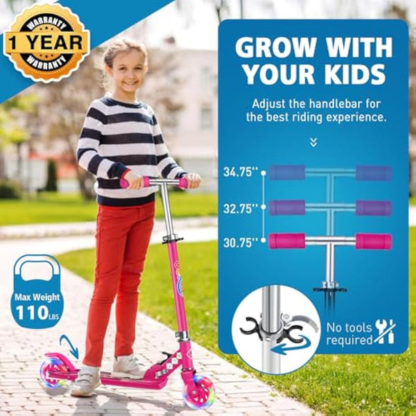 BELEEV V1 Scooter for Kids, 2 Wheels Folding Kick Scooter for Children Girl and Boys, 3 Adjustable Height, Flashing Light up Wheels, Lightweight Scooter with Sturdy Frame, Kickstand, Age 3-12
