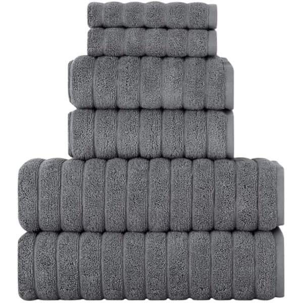 BERIBO Turkish Towel Set 100% Cotton (Cloud) 6 Pieces, 620gsm (Grey)