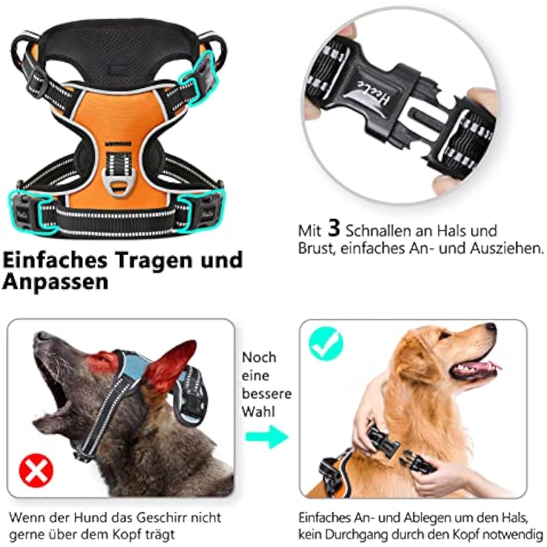 HEELE No Pull Dog Harness - Ex-Large, Release on Neck, Reflective, Adjustable with Front & Back Leash Attachments & Soft Padded Control Handle - Orange, XL
