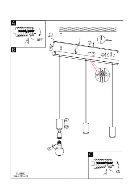 EGLO Pendant lighting Pozueta, 3 bulbs ceiling light fitting made of black steel, vintage and industrial style hanging lamp for dining and living