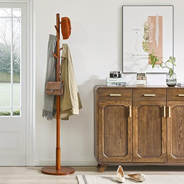 IBUYKE Free Standing Hall Coat Tree with 8 Hooks, Stand Tree Rack with Round Base, Entryway Coat Stand for Purses, Clothes, Scarves, for Hallway, Bedroom, Living Room, Brown WD-113