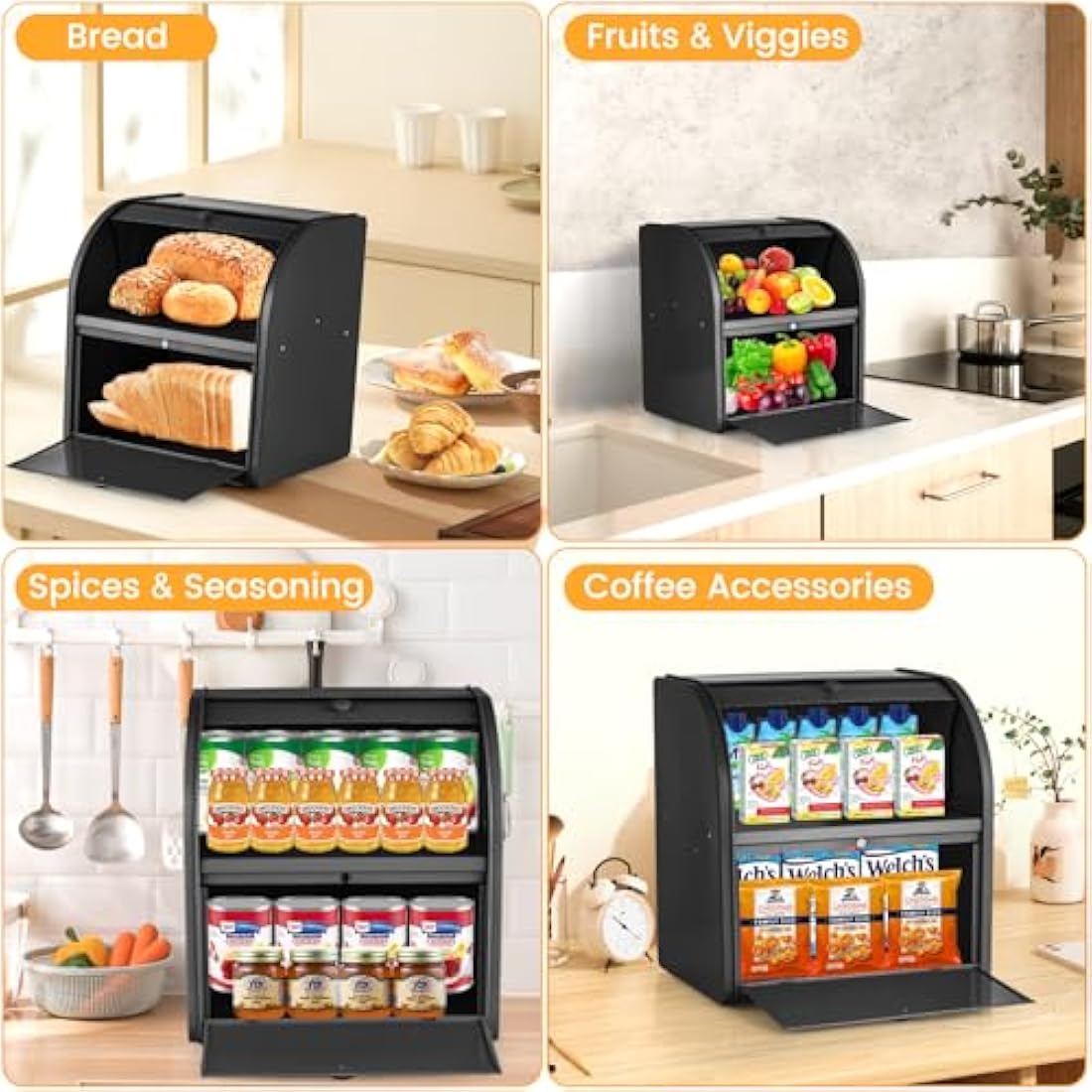 Esilihom Bread Bin, Bread Bins for Kitchen, 2-Layer | Large | Roll Top | 30 x 24.5 x 32.5cm, Black