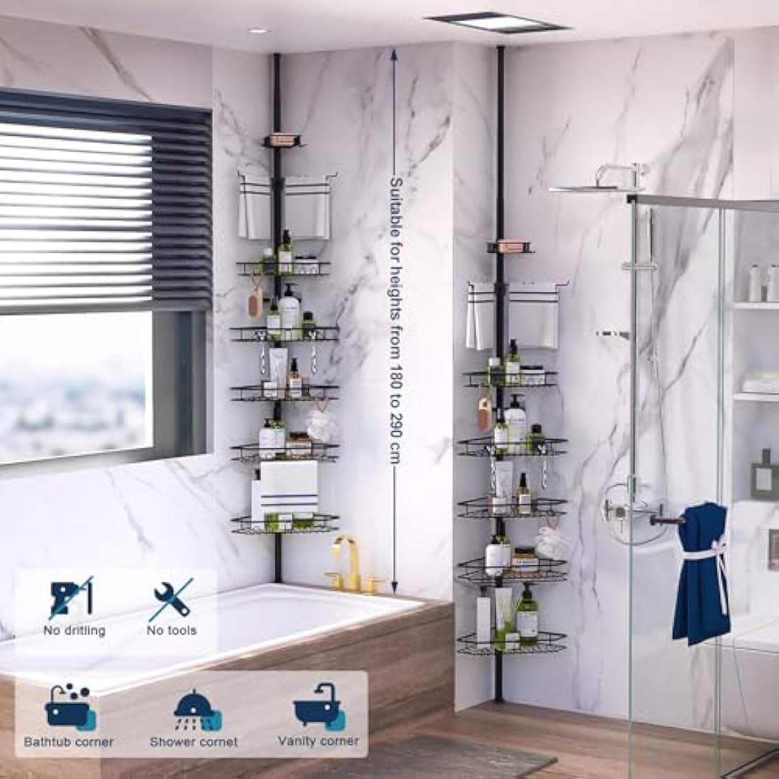 Mutool 7 Tier Adjustable Corner Shower Shelf, Telescopic Shower Caddy with Soap and Towel rack, No Drilling Bathroom Storage Organizer for Shampoo Accessories (Black)