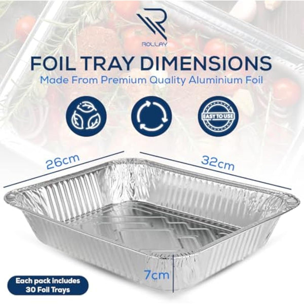 Rollay Large Aluminium Foil Trays Deep (32x26x7 cm) - Tin Foil Trays Containers for Cooking, Baking, Broiling, Roasting, BBQ, and Party (3500ml) (30 Trays)