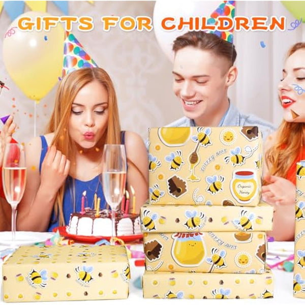 Wrapping Paper Bee Birthday Wrapping Paper Recycled & Recyclable Gift Wrap Birthday Paper ECO Gift Wrapping Paper Sheets for Girls Women Female,Present Wrapping Paper Set,Tag Ribbion