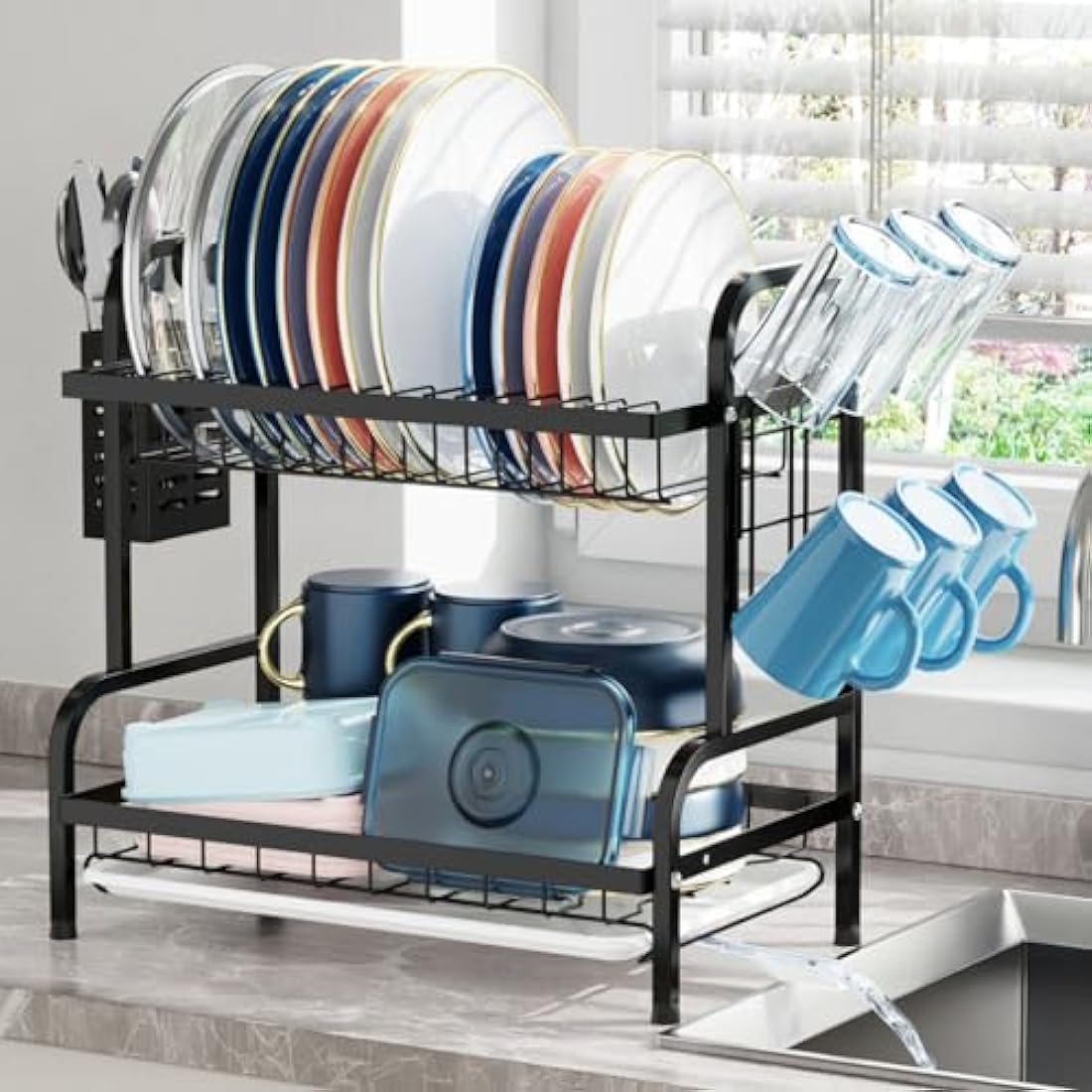 iSPECLE 2 Tier Dish Drainer Rack - Rustproof Dish Drying Rack with Automatic Drainage, Dish Rack with Drainboard and Cup Holder, Large Capacity Draining Board Rack for Kitchen Worktop, Black