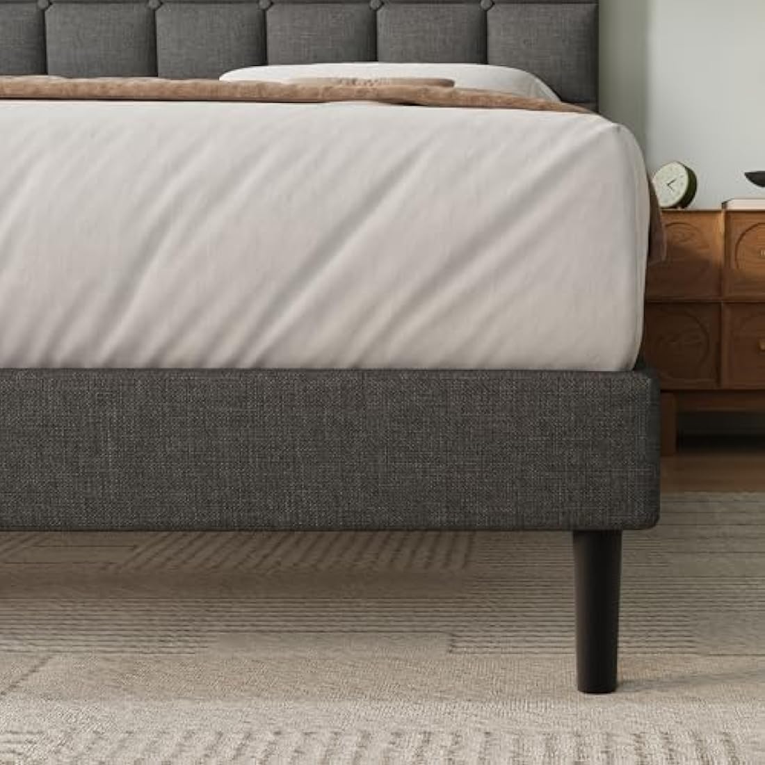 Yocreat King Bed Frame, Easy Assembly, Sturdy Wooden Slat Support, Upholstered Platform with Headboard, No Box Spring Needed, Gray King Bed 150×200