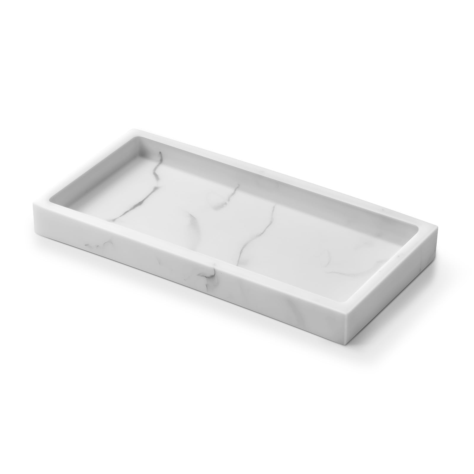 ecooe Bathroom Tray - Rectangle Resin Tray in White Marble Effect Decorative Tray for Bathroom, Kitchen or Dresser, Small Marble Tray for Soap,