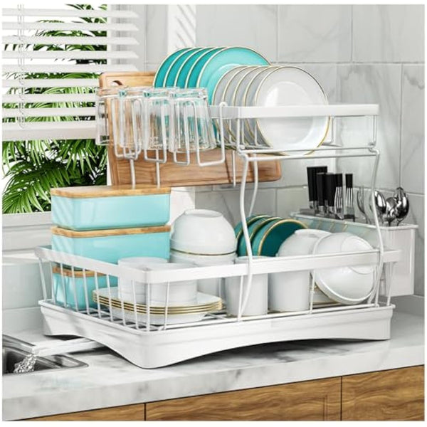 7 code Large Dish Drying Rack for Kitchen Counter,Detachable Large Capacity Dish Drainer Organizer with Utensil Holder,2-Tier Dish Drying Rack with Drain Board,White