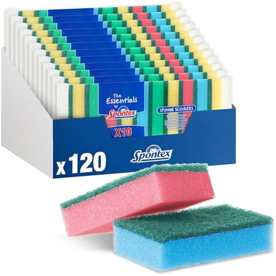 Spontex The Essentials Washing Up Sponge Scourers | Hard Wearing & Versatile | Assorted Colours | 12 x 10 Pack (120 Total)