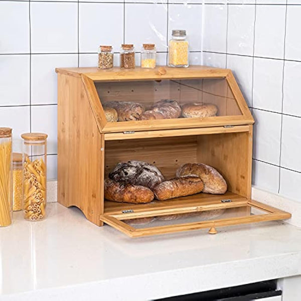 Leader Accessories Double Decker Bamboo Bread Bin 2-Layer Bread Box Large Capacity Bread Storage for Kitchen 15.3"x9.8"x12.6"