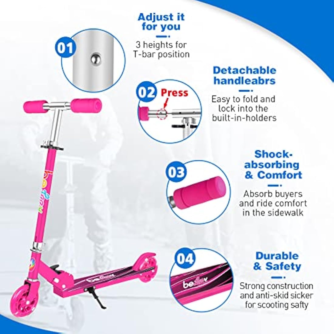 BELEEV V1 Scooter for Kids, 2 Wheels Folding Kick Scooter for Children Girl and Boys, 3 Adjustable Height, Flashing Light up Wheels, Lightweight Scooter with Sturdy Frame, Kickstand, Age 3-12