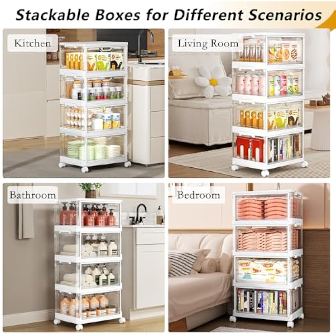 TidyTrove Storage Boxes with Lid - 23L*4 Plastic Storage Box with Front Door, 4 Tier Stackable Boxes, Plastic Drawers, Large Storage Box with Lid for Kitchen Storage & Organisation