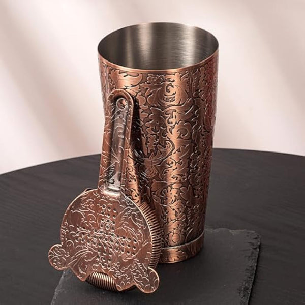 SKY FISH Boston Cocktail Shaker Set, 3D Embossed Design Bartender Set, 18-Piece Cocktial Making Kit, Stainless Steel Barware Tool Set, Antique Copper