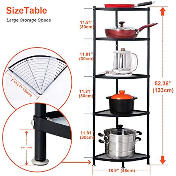 CarolynDesign Kitchen Corner Shelf Stand - Height Adjustable Storage Rack, Countertop Pot Holder, Stackable Multi-Layer Freestanding Metal Storage, Black (5-Tier)