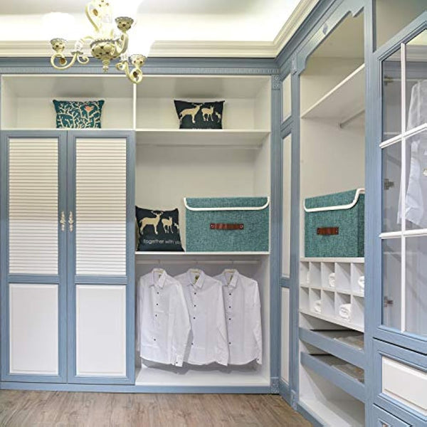 TYEERS Collapsible Storage Box with Lid, Fabric Storage Box for Clothes, Wardrobe Storage, 38x25x25 cm, Set of 3, Aqua Deep