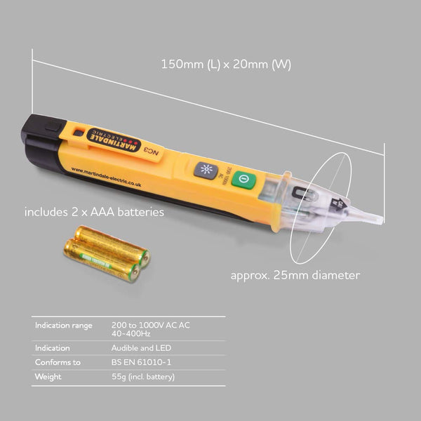 Martindale NC3 Non-Contact Voltage and Magnetic Field Tester Pen, Audible & Visual Indication, LED Torch, 200–1000V AC