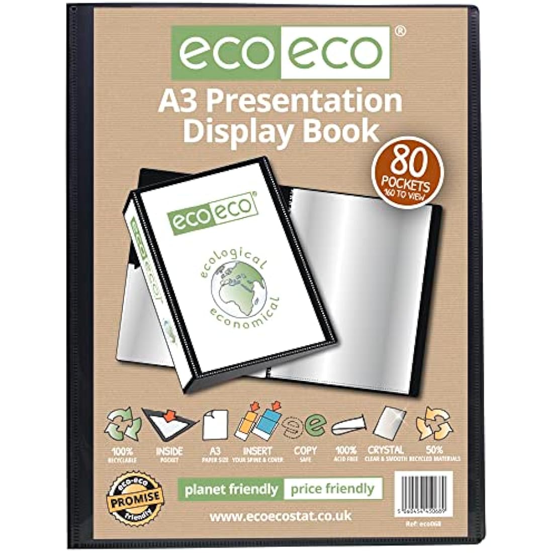 eco-eco A3 Size 50% Recycled 80 Pockets Black Presentation Display Book, Storage Case Portfolio Art Folder with Plastic Sleeves, eco068