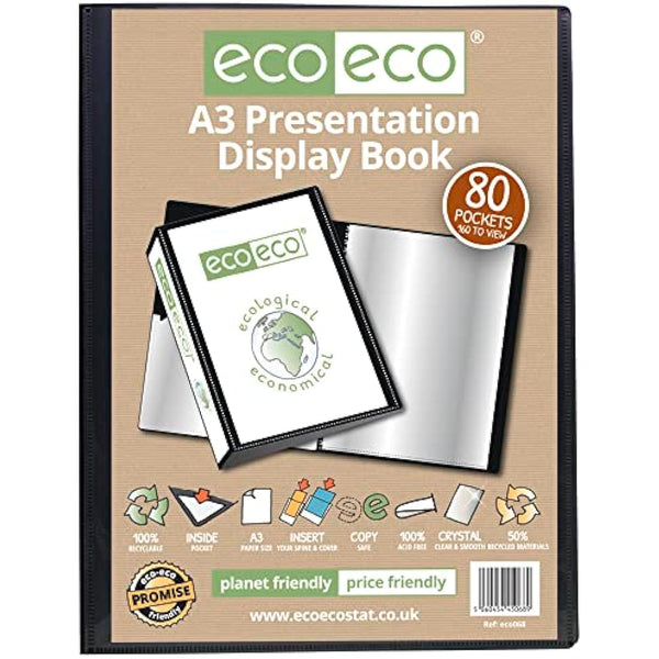 eco-eco A3 Size 50% Recycled 80 Pockets Black Presentation Display Book, Storage Case Portfolio Art Folder with Plastic Sleeves, eco068
