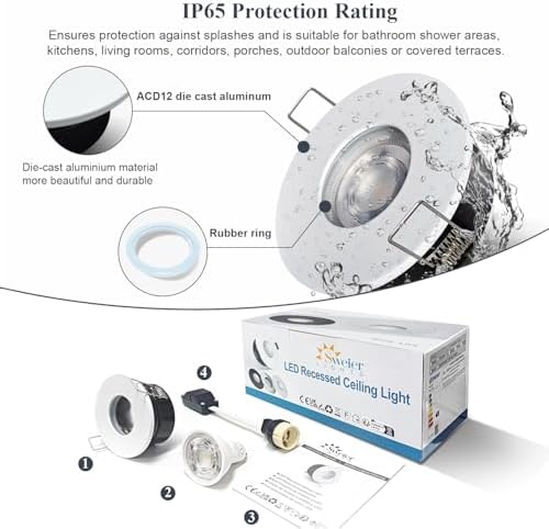 Sweier 6 Pack GU10 Dimmable LED Downlights IP65 Waterproof-5W 450LM Cool White 6000K Recessed Ceiling Spotlights,70mm Cutout,Die-Cast Aluminium,SCR Dimmer Compatible for Bathroom Kitchen Living Room