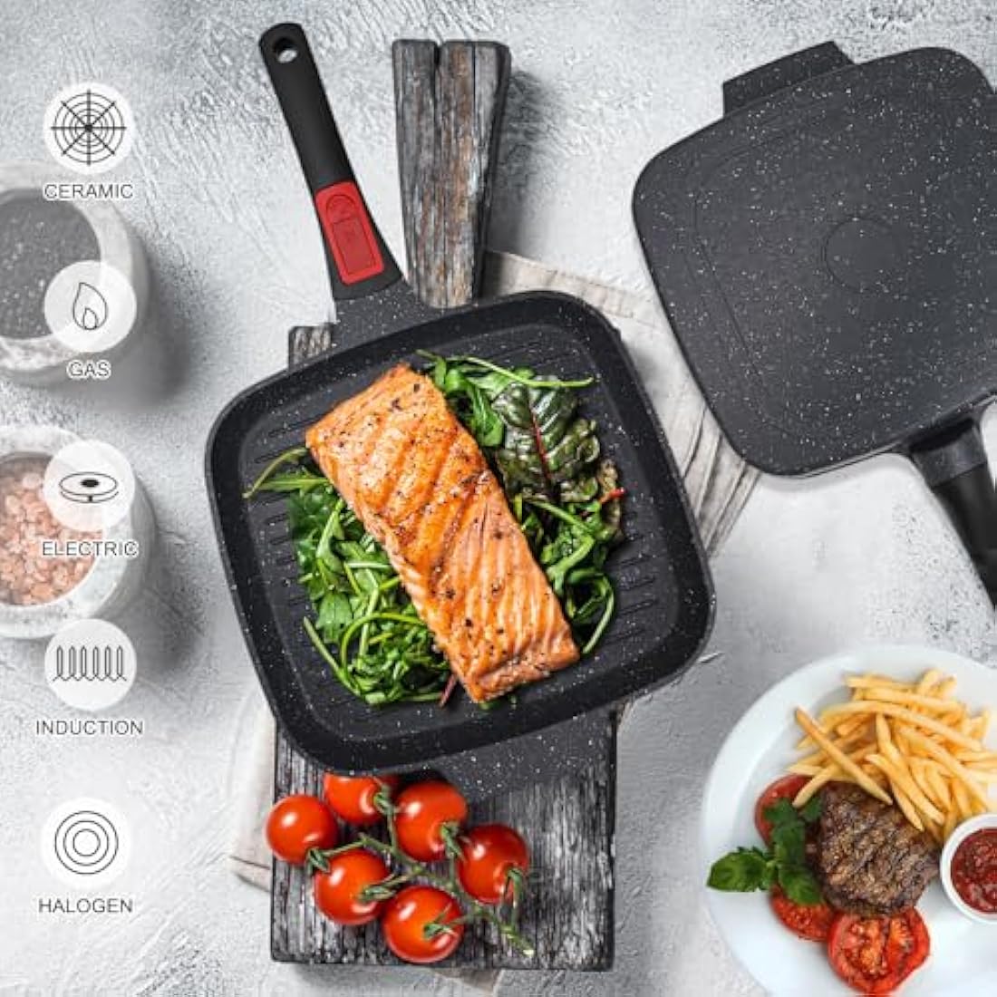 RANX INGST Griddle Pan with Lid, 26 x 24 cm Cast Aluminium Non Stick Steak Pan with Detachable Handle for Induction Hob, Black