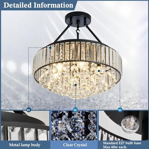 EOPSPYI 6-Lights Modern Crystal Chandelier Black Metal Semi Flush Mount Ceiling Light Fitting Round Ceiling Light for Dining Room Living Room Bedroom Bathroom Kitchen