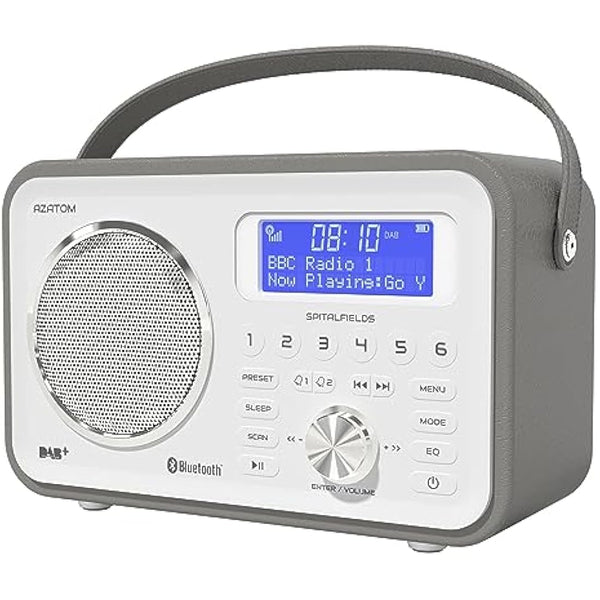 DAB/DAB+ & FM Portable Digital Radio | Leather Design | Bluetooth | Rechargeable Battery | Dual Alarms & Sleep Timer | Perfect for Home, Office or Outdoors | AZATOM Spitalfields 2 (Grey)