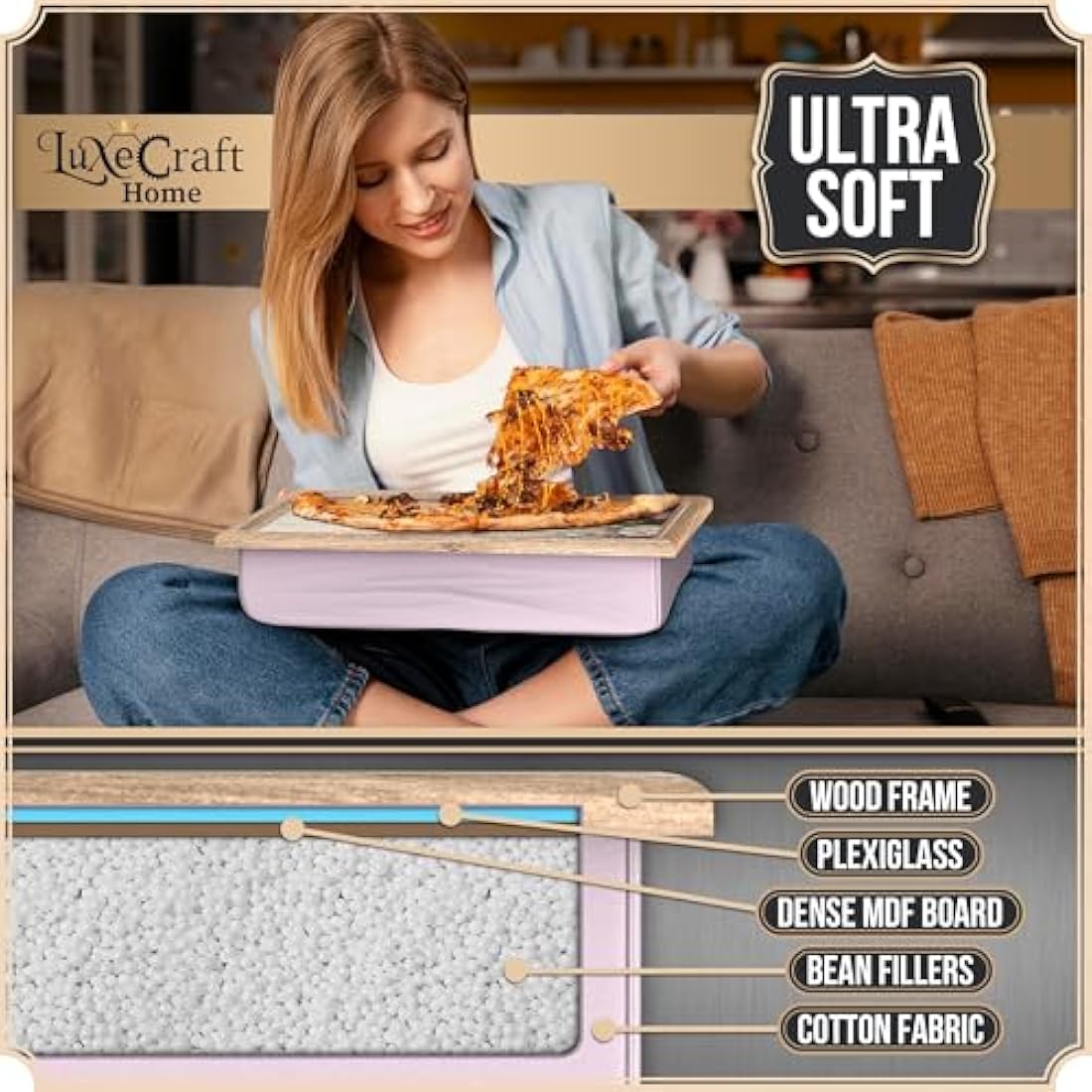 Empire Lap Tray with Bean Bag Cushion – Wooden Soft Padded Lap Tray with Cushion for Eating, Drinking & Laptop – Ideal for Breakfast, Dinner, Snacks & Work – Comfortable, Portable with Sturdy Design