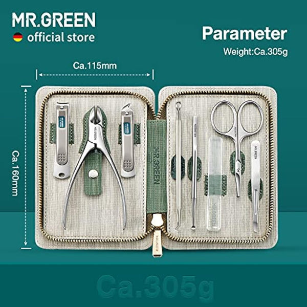 MR.GREEN Manicure Sets Pedicure Kits Stainless Steel Nail Clipper Set Personal Care Tools with PU Leather Case (Green)
