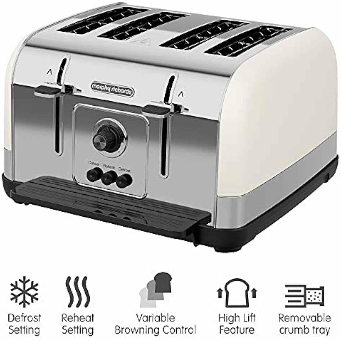 Morphy Richards Venture Cream 4 Slice Toaster - Defrost Setting - High Lift Feature - 240132