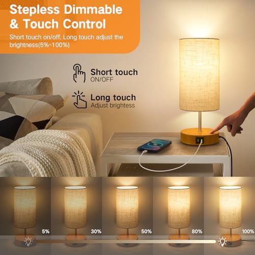 OUTON Bedside Lamps Set of 2 with USB A+C Charging Port, Touch Control Small Table Lamp, Memory Function, Stepless Dimmable Table Lamp for Living Room, Bedroom, 9W LED Bulb Included